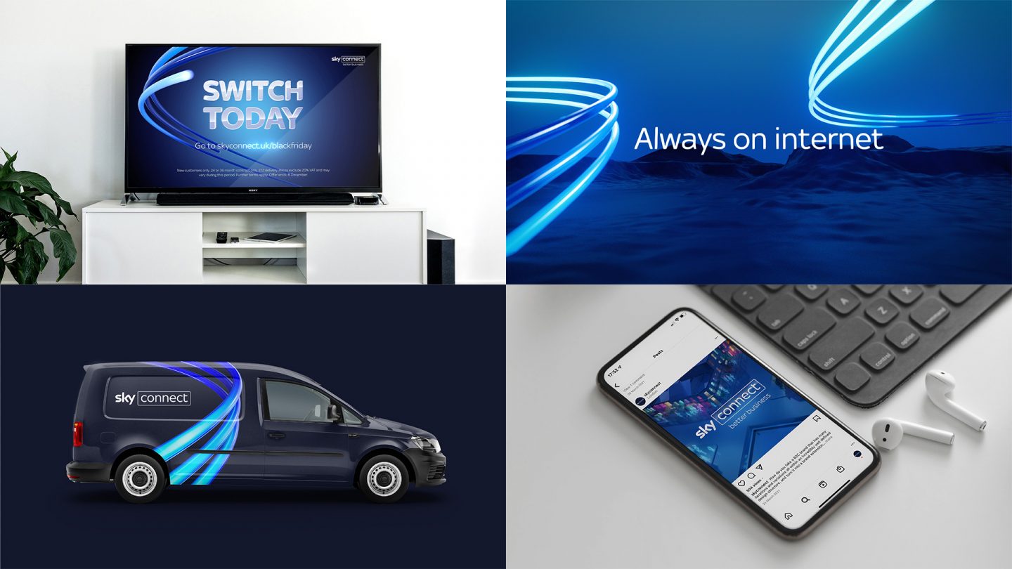 Grid of 4 images showing the Sky connect branding applications