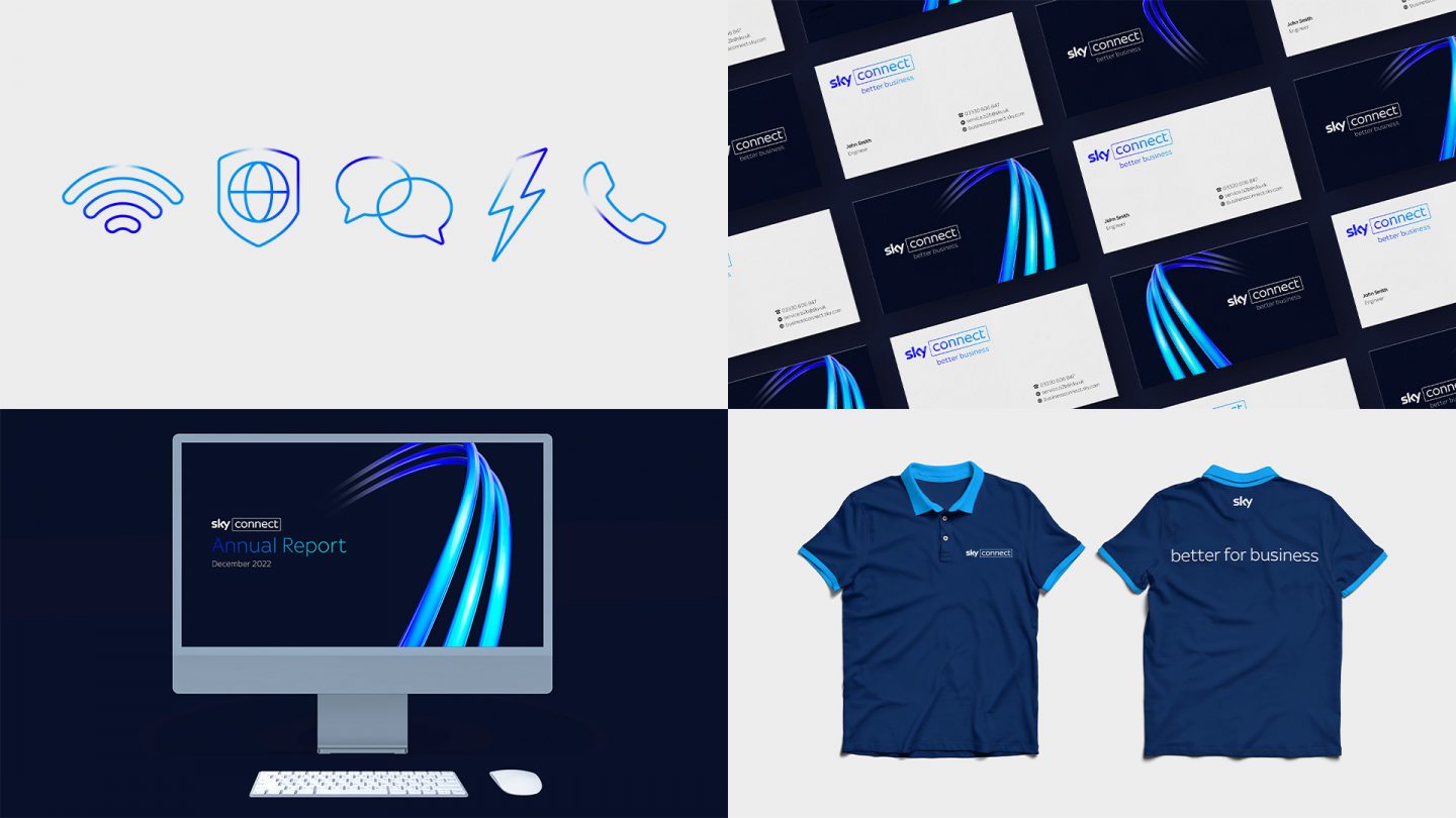 Grid of 4 images showing the Sky connect branding applications including icons, presentations, business cards and T-shirt designs