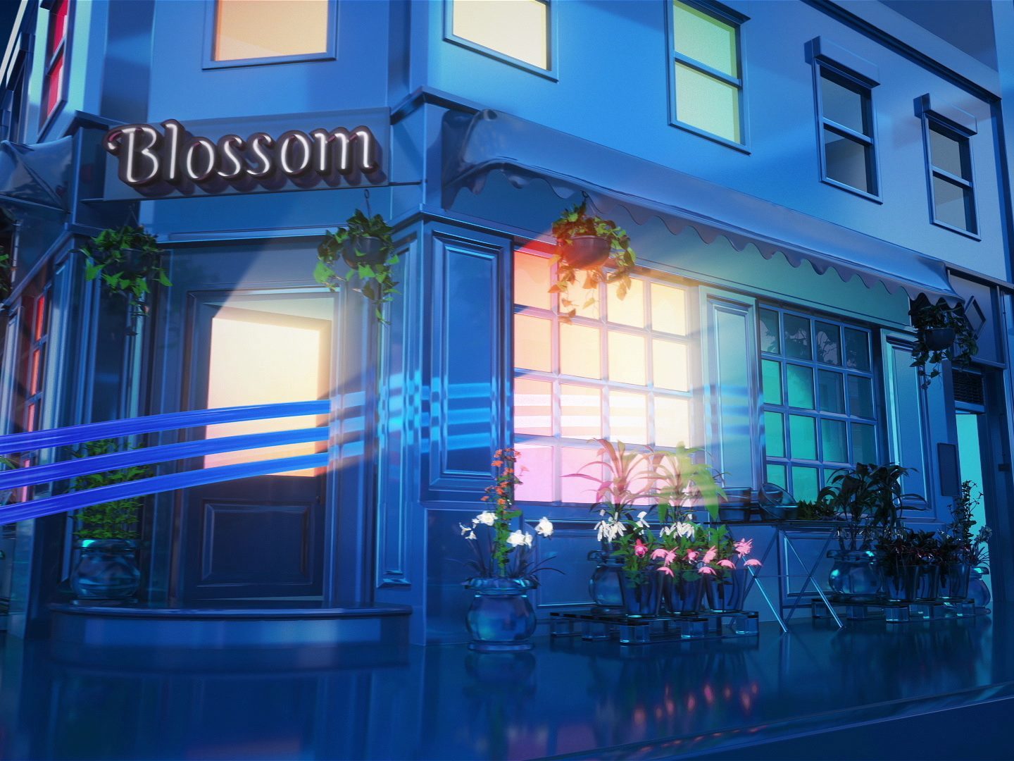 Still from the Sky Connect BVOD promo showing the 3 beams light up a florist business