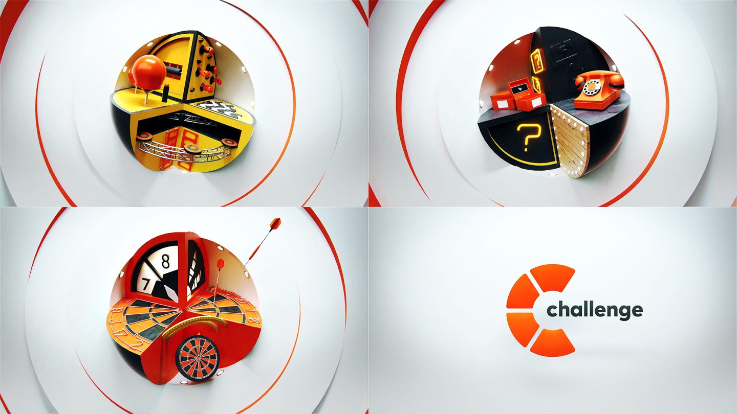 Grid of 4 images showing 3 main ident themes and the Challenge TV logo end board
