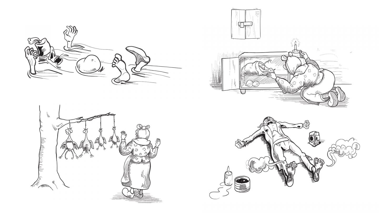 Sketches of the tricks featured in the original Max & Moritz story
