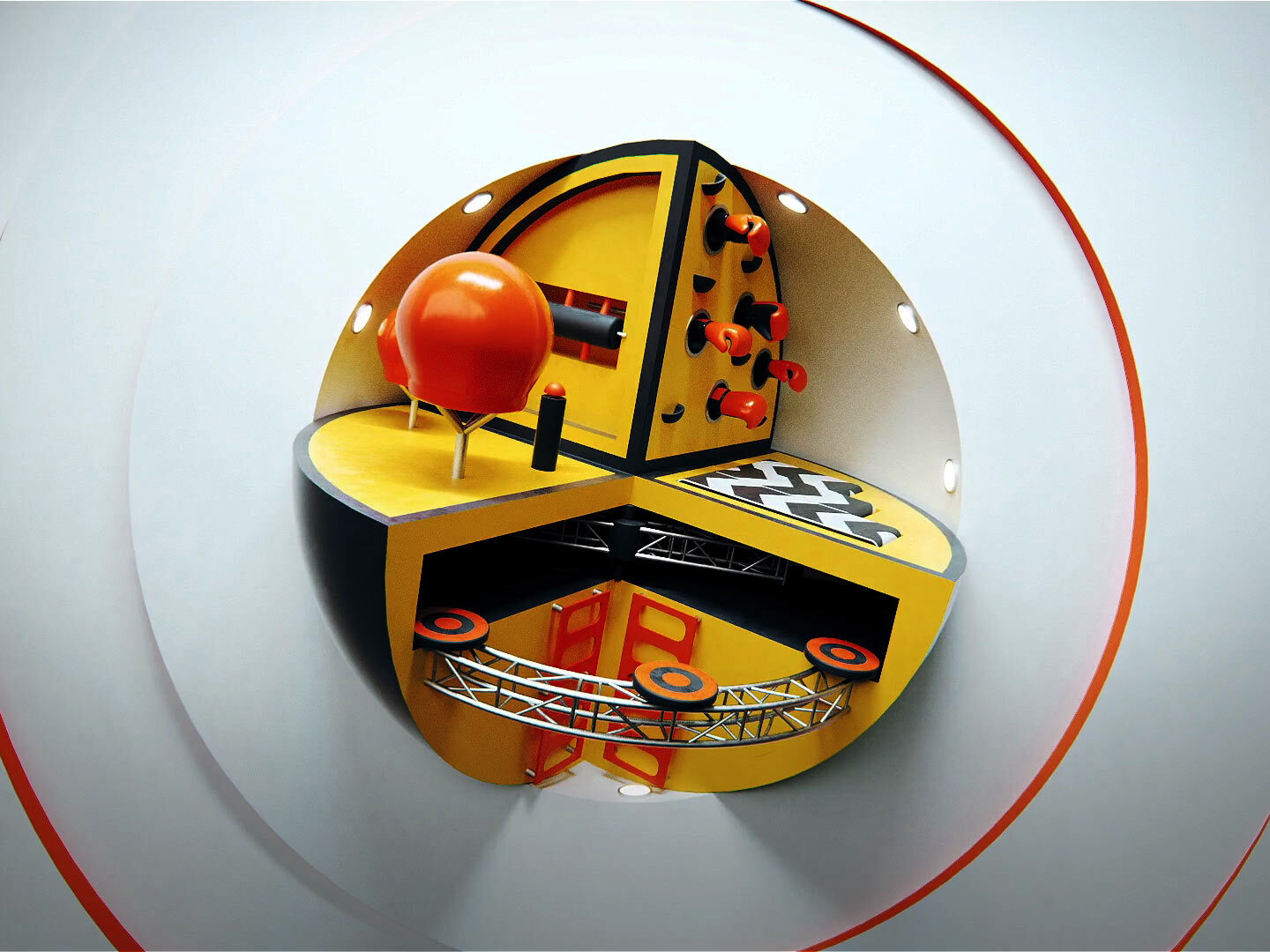 Clean shot of Challenge TV rebrand Ident with 3D rendered graphics displaying physical gameshows