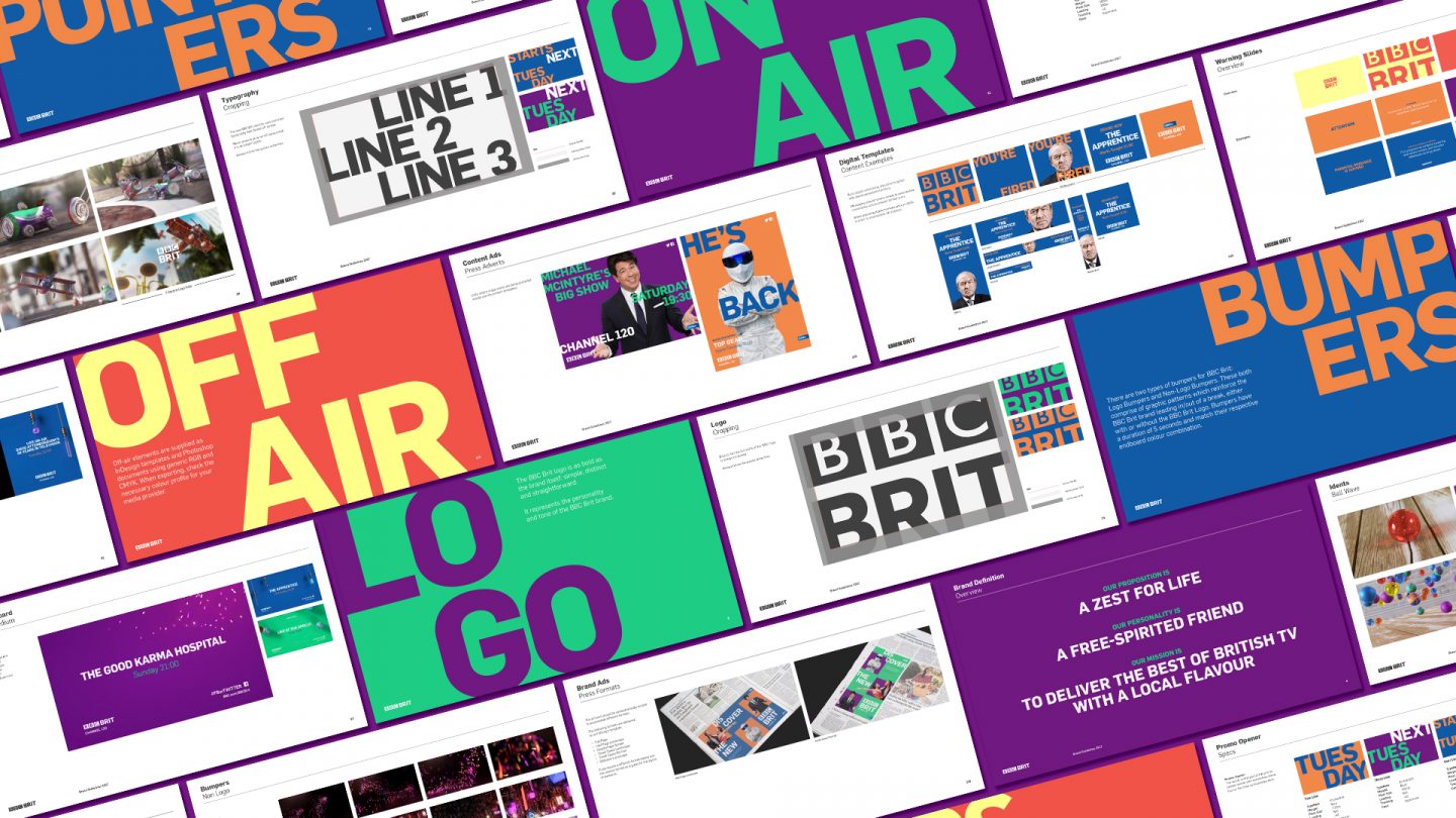 Grid displaying pages from BBC Brit brand guidelines