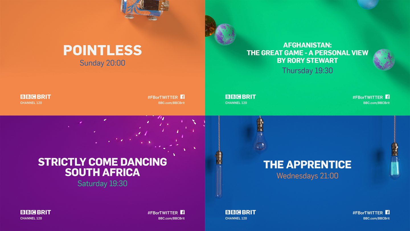 Grid of 4 images showing the on screen packaging for BBC Brit rebrand