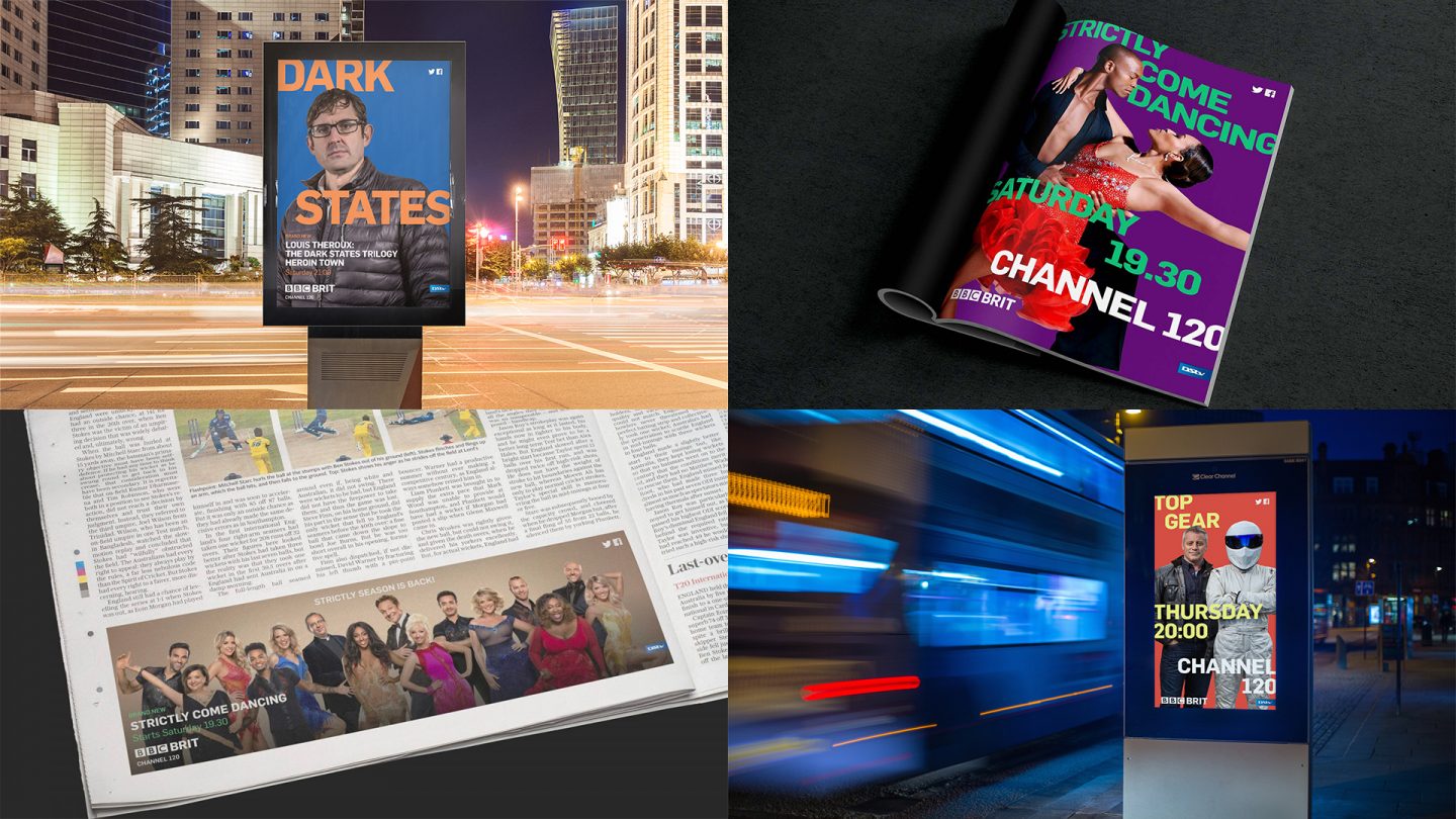 Grid of 4 images showing OOH and print examples of BBC Brit rebrand.