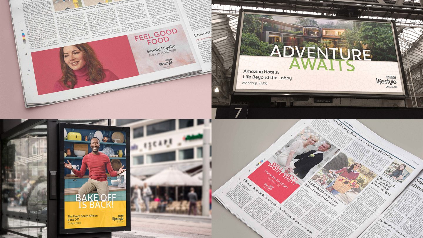 Grid of 4 images showing OOH and print examples of BBC Lifestyle branding.