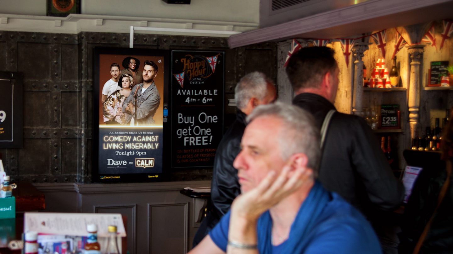 Dave CALM OOH advert placement inside a British pub.