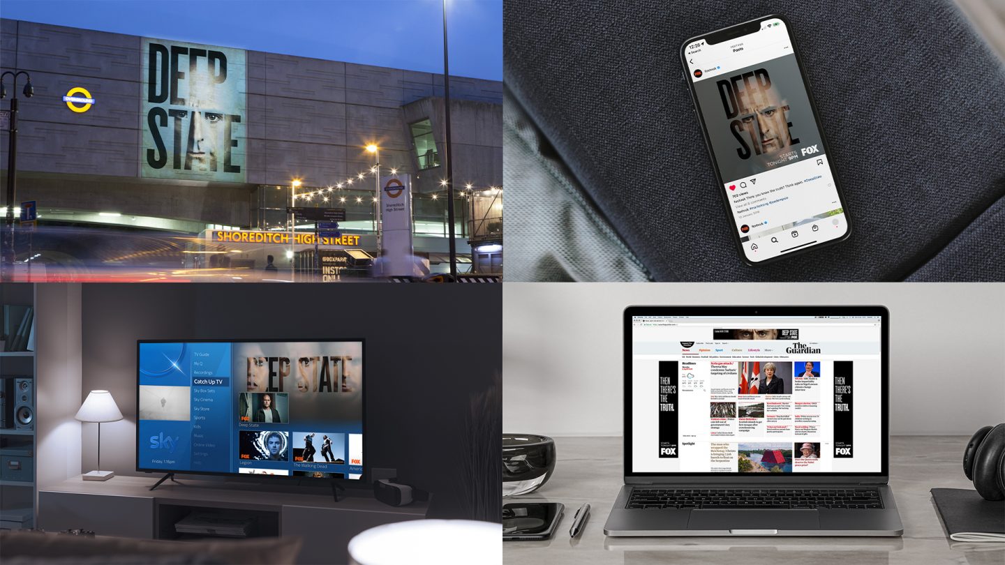 Grid of 4 images showing examples of OOH, social and digital from Deep State season 1 toolkit
