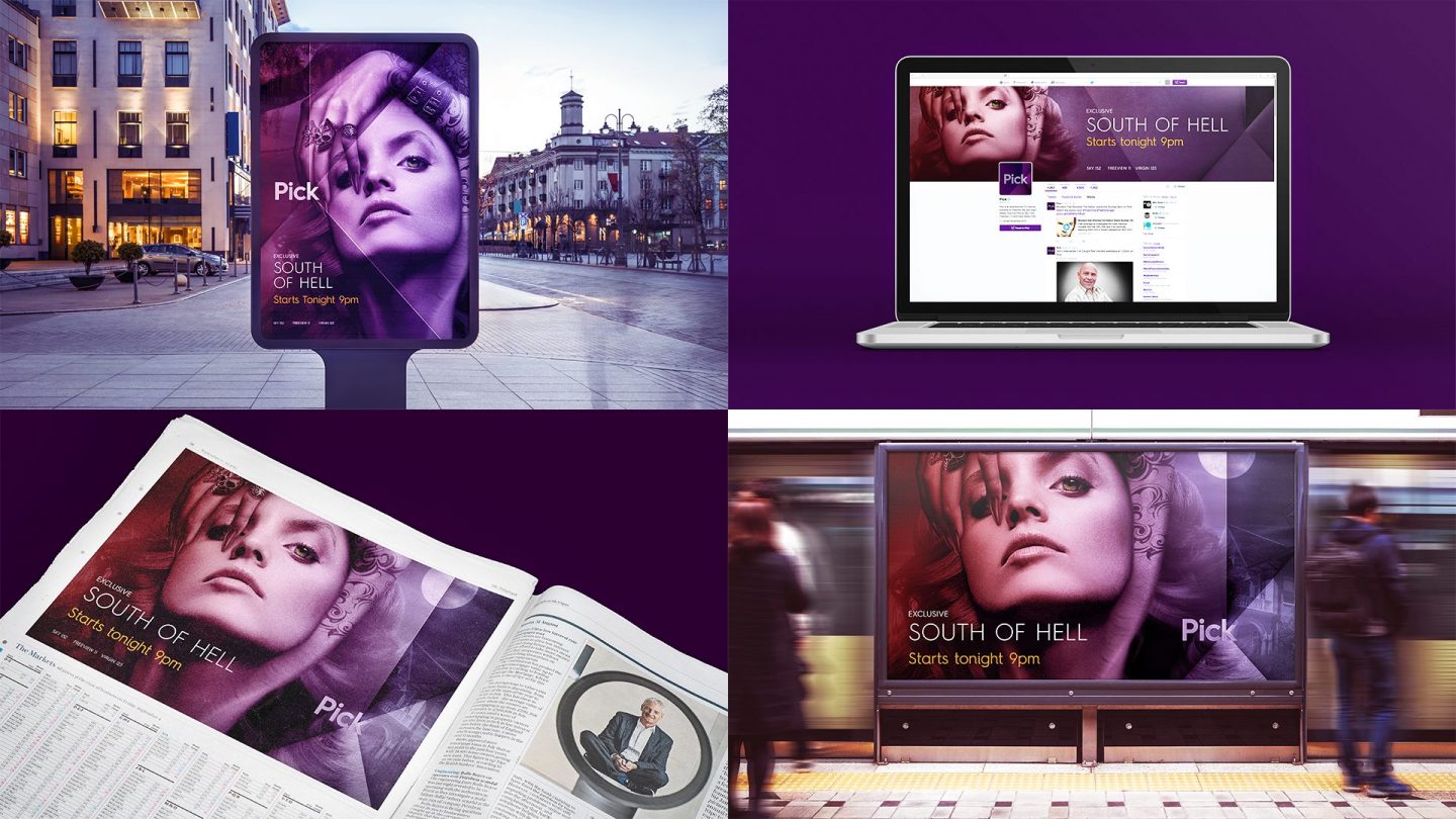 Grid of 4 images showing Pick TV OOH, print and digital branding examples