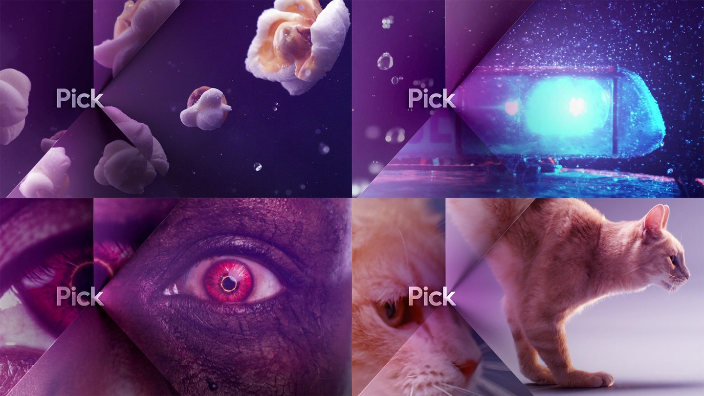 Grid of 4 images showing Ident end boards for Pick TV channel brand
