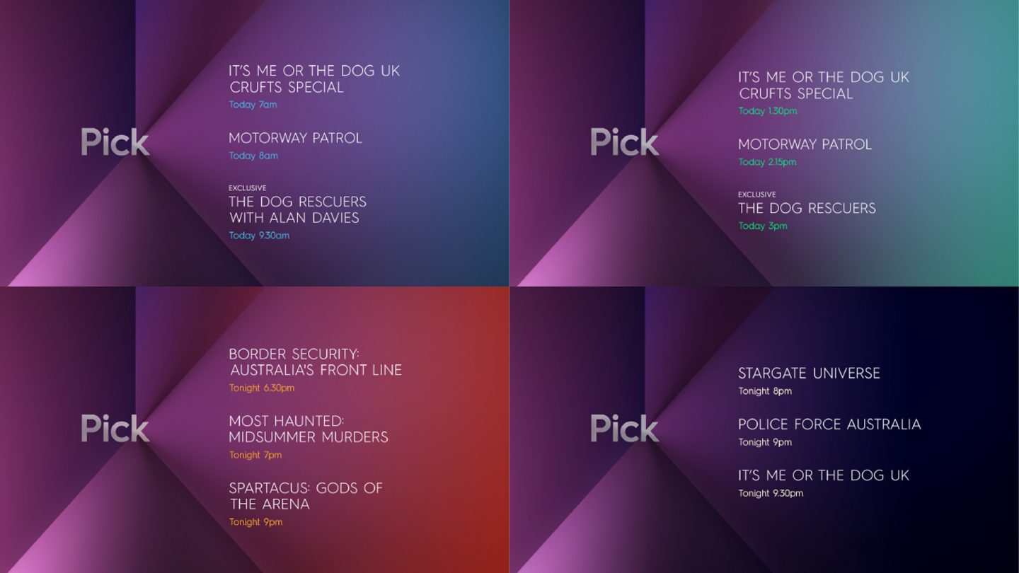 Grid of 4 images showing OSP for Pick TV variations according to the time of day
