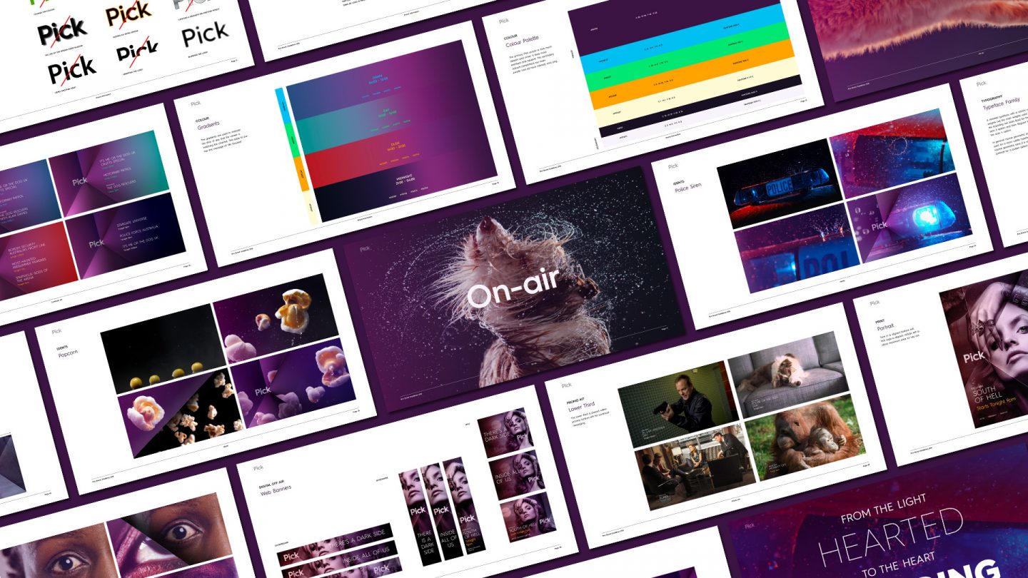 Grid displaying pages from Pick TV channel brand guidelines