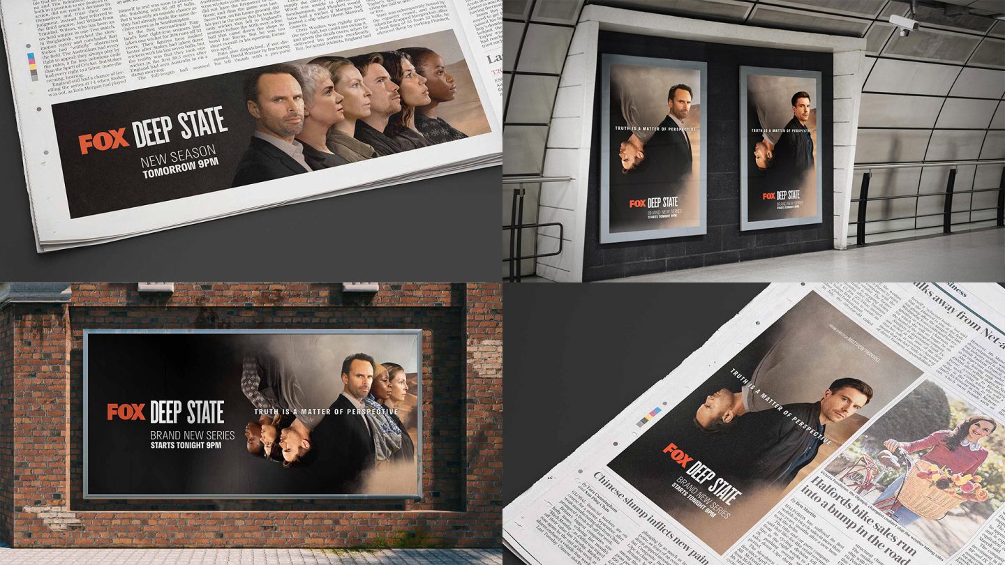 Grid of 4 images showing OOH and print examples from Deep State season 2 campaign