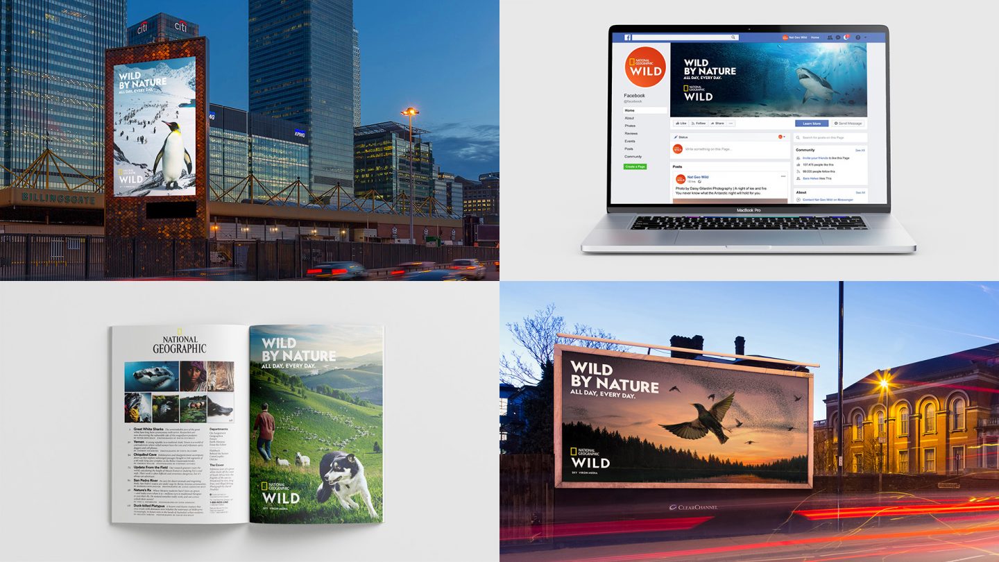 Grid of 4 images showing DOOH, print and digital examples of Nat Geo WILD brand campaign