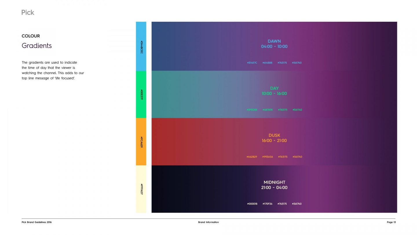 Page from Pick TV brand guidelines showing examples of colours according to time of day